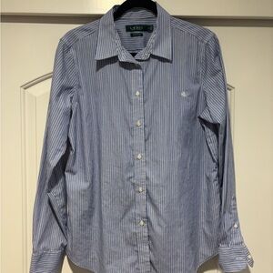 Ralph Lauren Women’s Fitted Button down, Blue Pinstripe Shirt, Size L, Non Iron